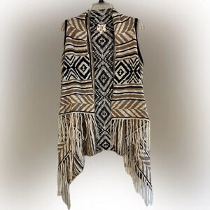 Hippie Rose Cardigan Womens Aztec Sleeveless Open Front Fringe Bottom, Size M